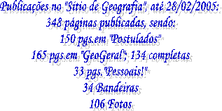 No "Sítio de Geografia" até agora temos:
40 páginas publicadas, sendo:
14 páginas em "Postulados"
20 páginas em "GeoGeral"
8 páginas pessoais!!